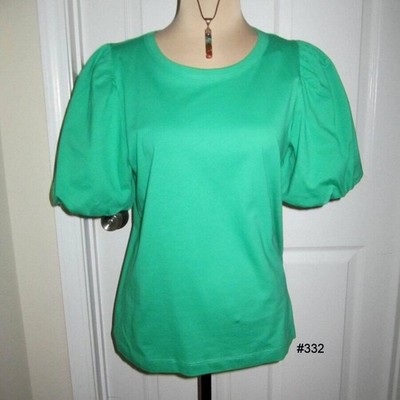 LOFT Puff Sleeve Green Cotton Top Size Med New With Tags Short Sleeve Blouse