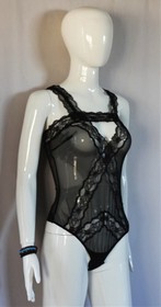 Studio La Perla Black Sheer Lace Mesh Bodysuit Thong Strap Small 38C