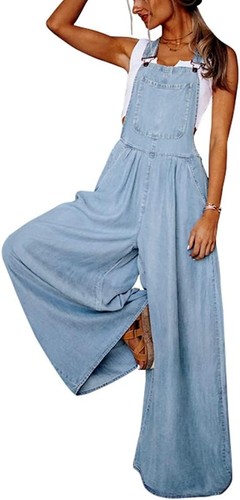 Women’s Denim Bib Overalls Loose Fit Adjustable Straps Wide Leg ...