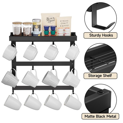 Coffee Mug Rack Wall Mounted, Rustic Metal Mug Holder Organizer with 12 Hooks - Picture 7 of 7