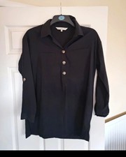 F&F Black Solid Collared Long Sleeve Button Shirt Dress UK 6-8 Regular Short