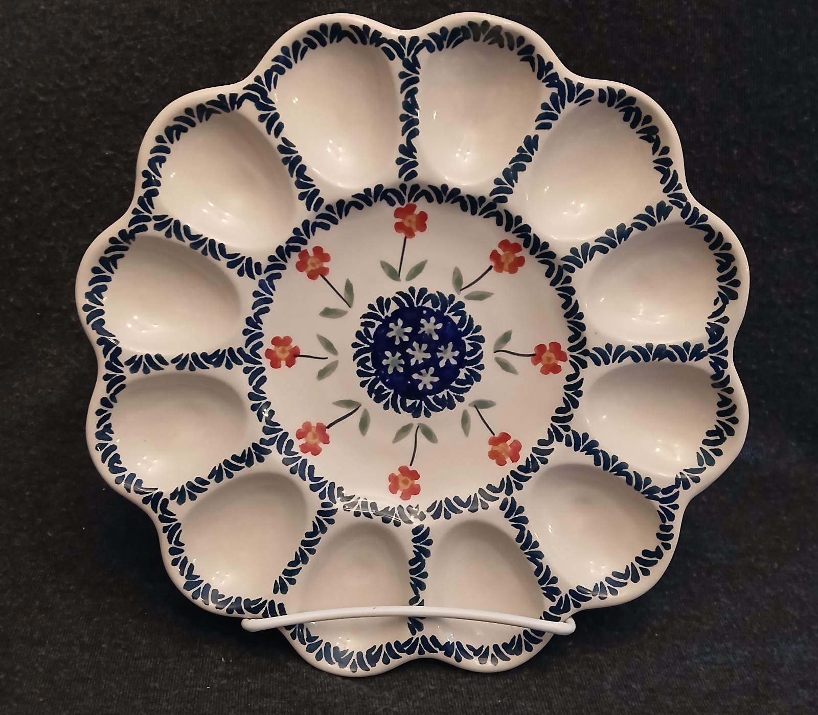 Boleslawiec Polish Pottery Scalloped Edge Blue Floral Egg Plate 10