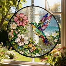 Hummingbird Floral Stained Glass Suncatcher Colorful Bird Window Hanging Decor