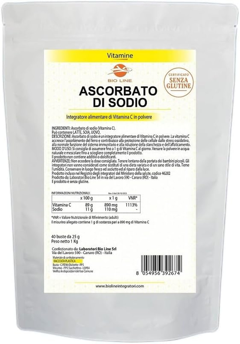 Ascorbato Di Sodio - Vitamina C Polvere Pura 1000 G (40 Bustine Da 25 G) Integra