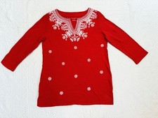 Talbots Split Neck Embroidered Tunic Women’s Red Cotton Top Size M 
