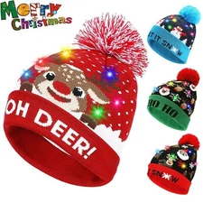 Winter LED Christmas Beanie Knit Hat Light Up Xmas Warm Cap Kids Adult Xmas Gift