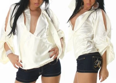 Sexy Miss Damen Arm Schlitz Shirt Satin glanz Bluse V Dekollete 36 38 Creme TOP - Bild 1 von 4