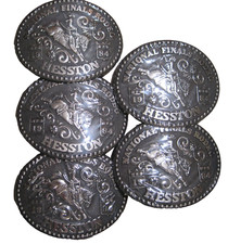 Lot Five National Finals Rodeo Hesston 1984 NFR Cowboy Adult Buckles, Orig. Pkg.