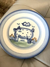 Vintage M A Hadley Signed Hand Painted Primative Blue Pig Salad Plate Signed