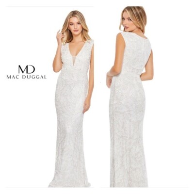 NWT Mac Duggal 5429  ILLUSION V-NECK BEADED GOWN SZ 12 WHITE $598