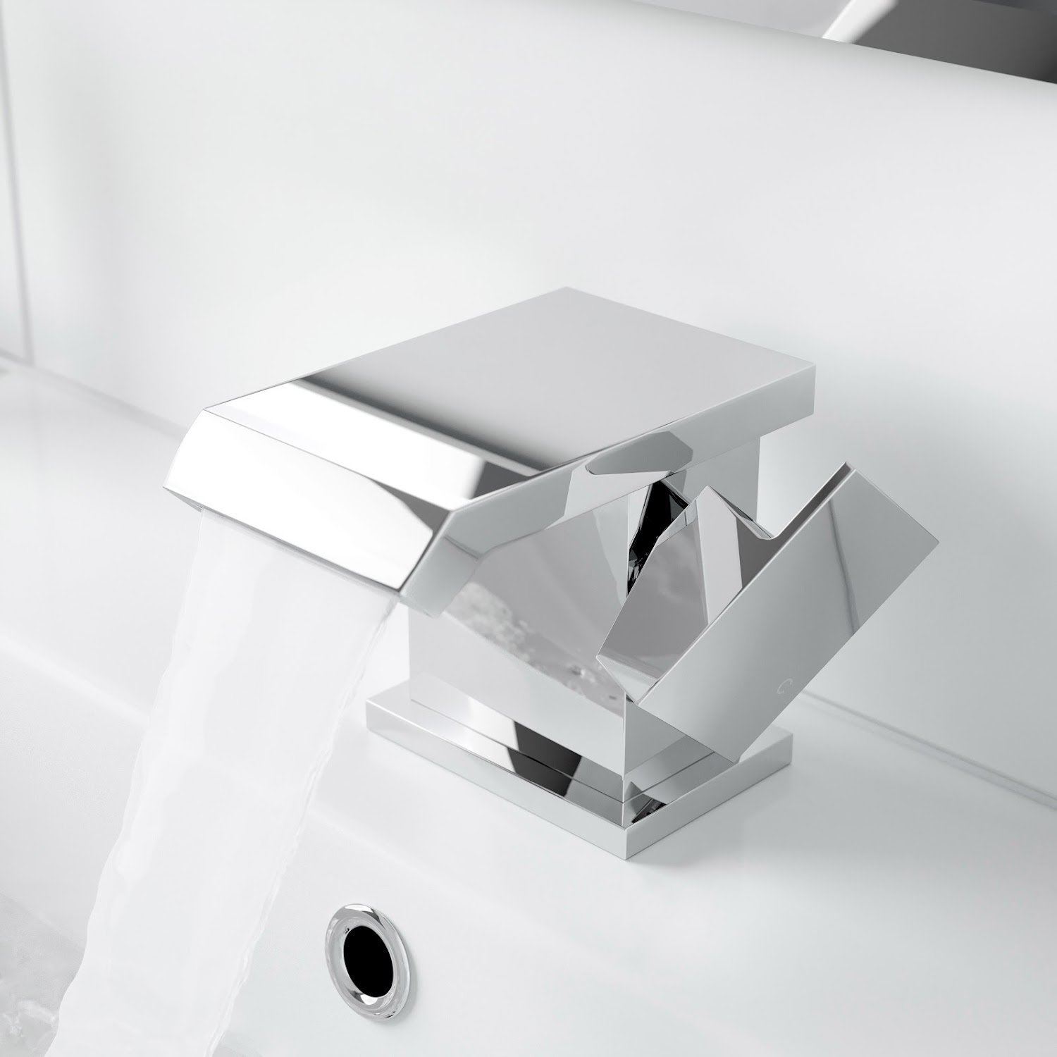 Modern Black Waterfall Bathroom Basin Mixer Tap – Square Deck Mounted Faucet With Waste