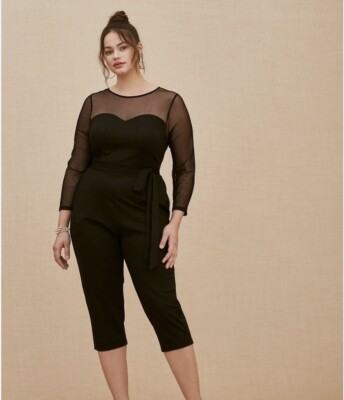 Torrid Jumpsuit Women’s US 6X Black Mesh Ponte Tie Waist Illusion Neck  New