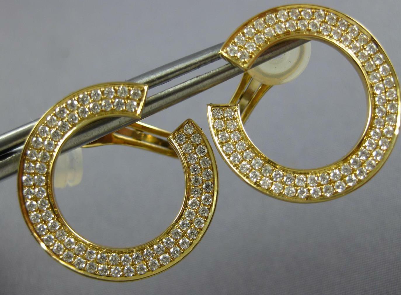 FILA LARGE .88CT DIAMOND 18K YELLOW G 2 ROW CIRCULAR SIDEWAY HOOP HANGING EARRINGS