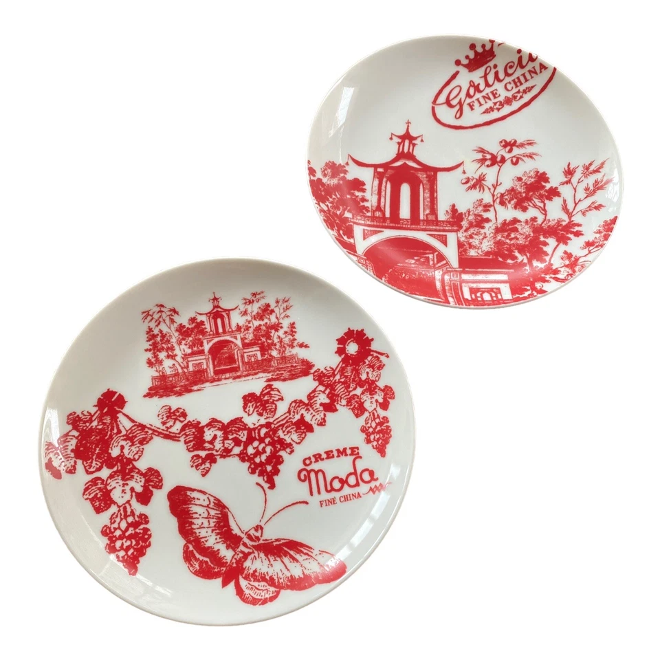 Anthropologie red toile Chinoiserie Salad Dessert Plate Set 2 butterfly chinese - Image 4 of 4