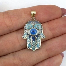 Real 14K Gold Enamel Hamsa Hand Evil Eye Pendant 1.1" – European Made