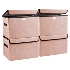 Linen Fabric Foldable Storage Cube Bin Organizer Basket with Flip-Top Lid & H...