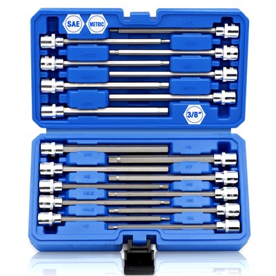 18-Piece 3/8 Inch Drive Extra Long Allen Hex Bit Socket Set SAE Metric 1/8-3/8