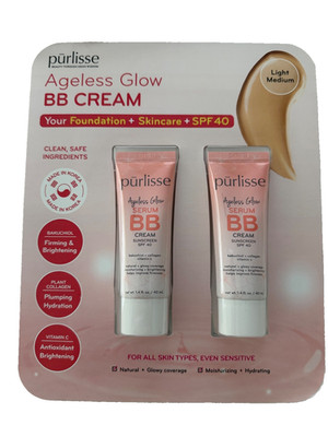 Purlisse Ageless Glow Serum BB Cream with SPF 40, Light Medium 1.4 oz - 2 Pack
