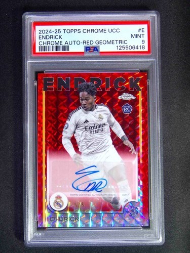 5/5≈1/1 2024-25 Topps Chrome UEFA Endrick RC Auto Red Geometric Refractor PSA 9