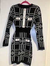 Black White Geometric Knit Sweater Dress Knee Length Gold Buttons Long Sleeve M