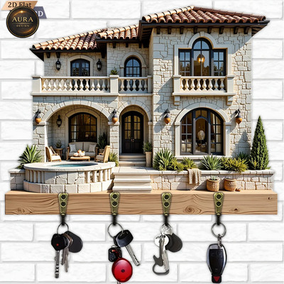 Wand Schlüsselanhänger 30cm - Villa mit Fenstern Organizer 2D 4 Haken Eingang
