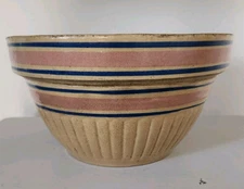 Vintage Yelloware Stoneware Mixing Bowl Blue Pink Cottage Shabby Farmhouse