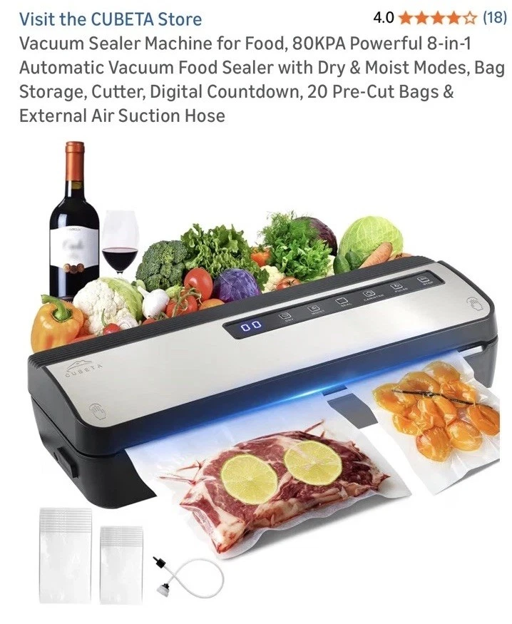 CUBETA 8-in-1 Vacuum Sealer Machine 80KPA Digital 20 Bags Silver