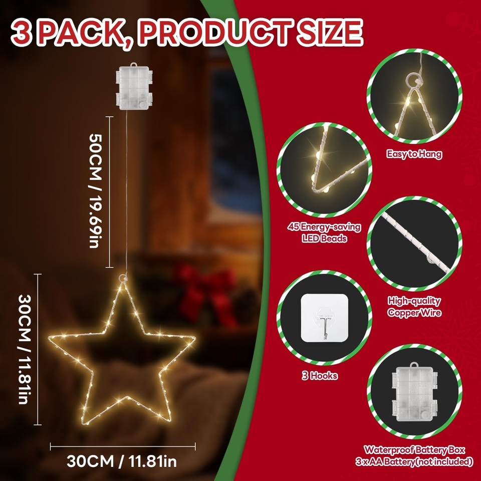 Luci Natale Esterno Batteria,[3 Pezzi]IP65 Stella di