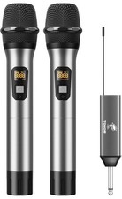 Wireless Microphone, UHF Dual Cordless Metal Dynamic Mic System with Rechargeabl