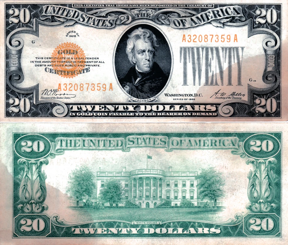 Fr, 2402 - 1928 UNCIRCULATED $20 GOLD CERTIFICATE - SERIAL # MISALIGNMENT ERROR - Image 2 of 4