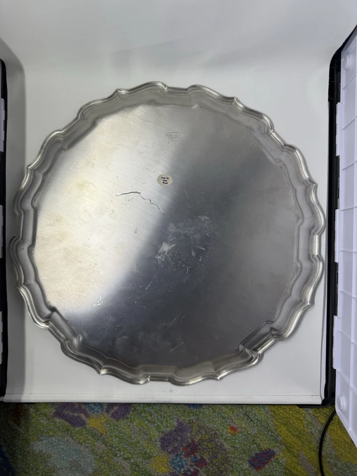 Vintage Chippendale Style Reed & Barton Pewter ATC 12” Round Bar Tray - Image 2 of 3