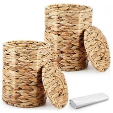 Ctosree 2 Pcs Wicker Trash Can Basket Woven Waste Basket with Lid Small Brown