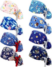 8 Pcs Scrub Caps for Women with Buttons, Adjustable Bouffant Surgical Hat wit