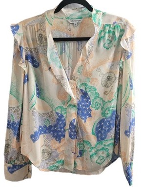 Catherine Gee Silk Blouse S Daria French Cuff Siena Print Button Front