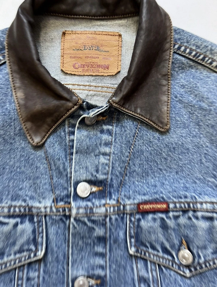 Chevignon Vintage 90s Denim Jacket Leather Collar Mens Large - Image 4 of 4