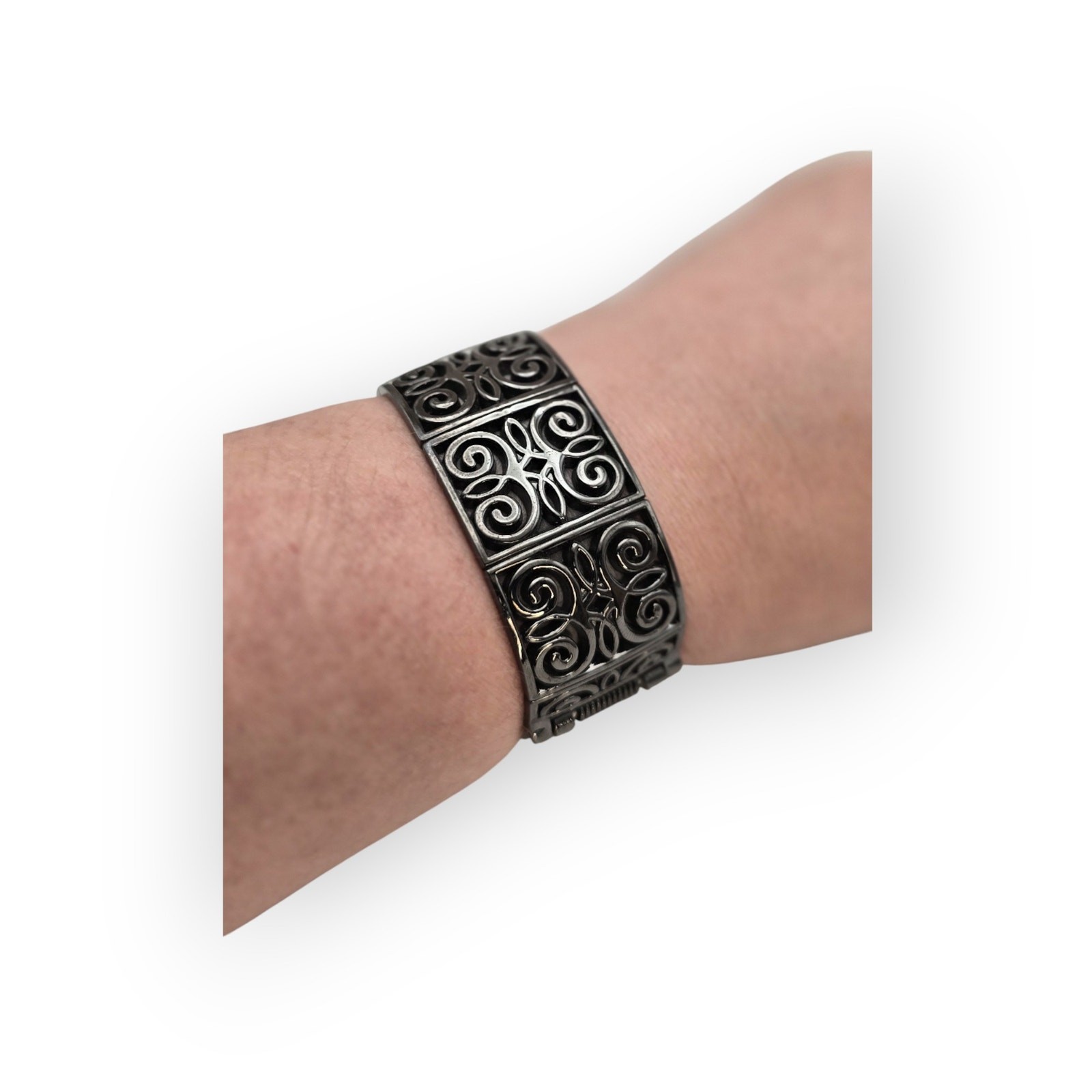 Dark Filigree Scrollwork Hinged Cuff Vintage Brac… - image 9