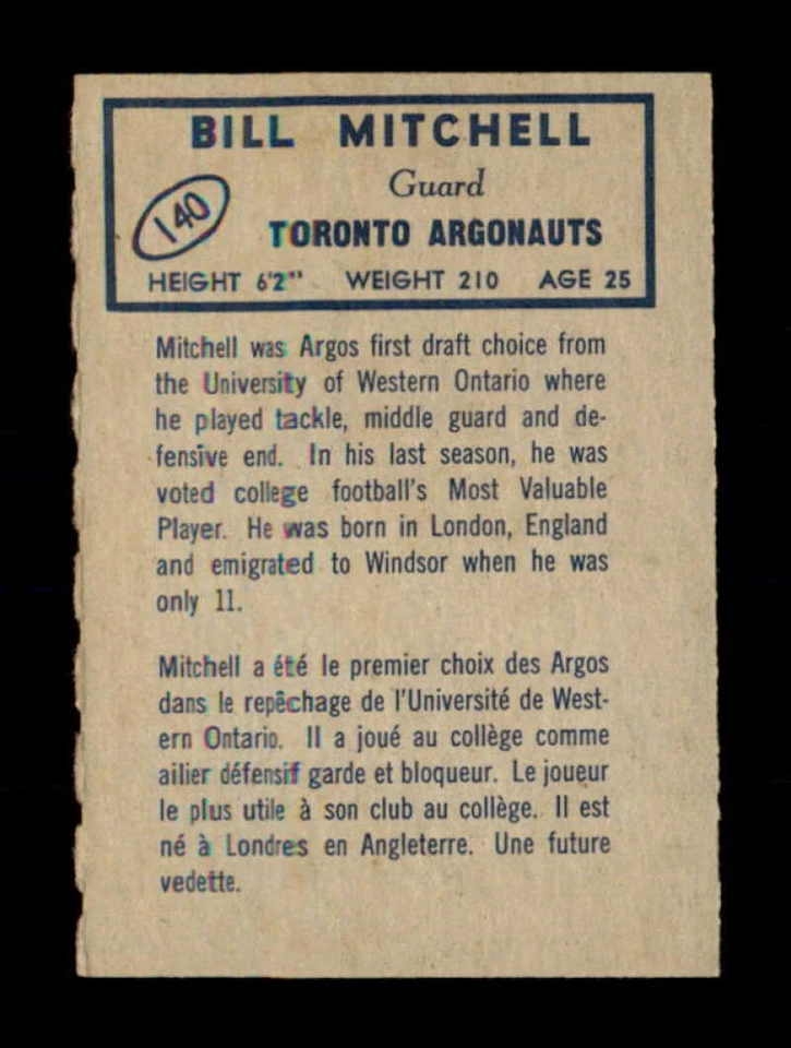 1962 Topps CFL #140 Bill Mitchell  NM/NM+ X2486507 - Image 2 of 3