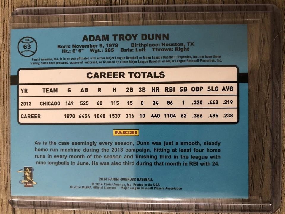2014 Donruss Stat Line Career Chicago White Sox Baseball Card #63 Adam Dunn/400 - Image 2 of 2