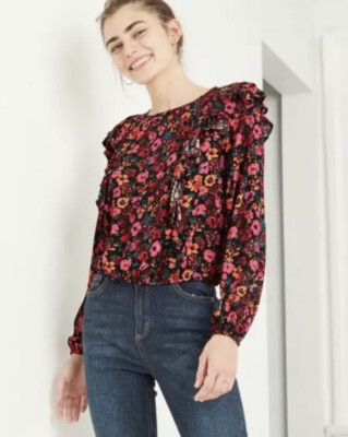 NWT Women's Wild Fable L/S Black Floral Print Ruffle Blouse Top XS