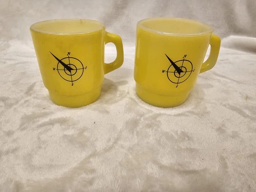 (2) VTG Fire King Compass Northwest Mug Anchor Hocking Yellow Advertisement 