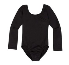 Childs Black Leotard Long Sleeve Scoop Neck Bodysuit Dance Performance L 12-14