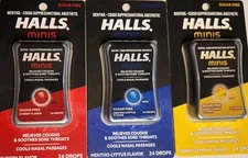 HALLS Minis Honey Lemon Sugar Cherry Menthol Free Cough Drops 24 Each Lot Of 3
