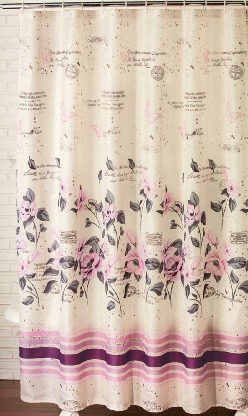 Vintage Script Pink Rose Purple Stripe Cream Color Fabric Shower