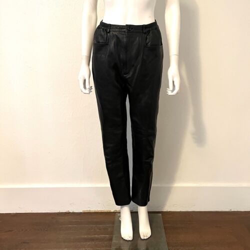 VINTAGE BLACK LEATHER MOM PANTS lambskin stretch high waisted trousers downtown - Picture 1 of 24