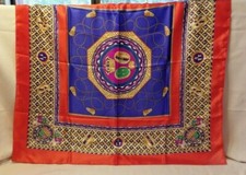 Beautiful Print Scarf or Wrap 34" X 34" Red Gold Blue Green Crown  Fleur de lis