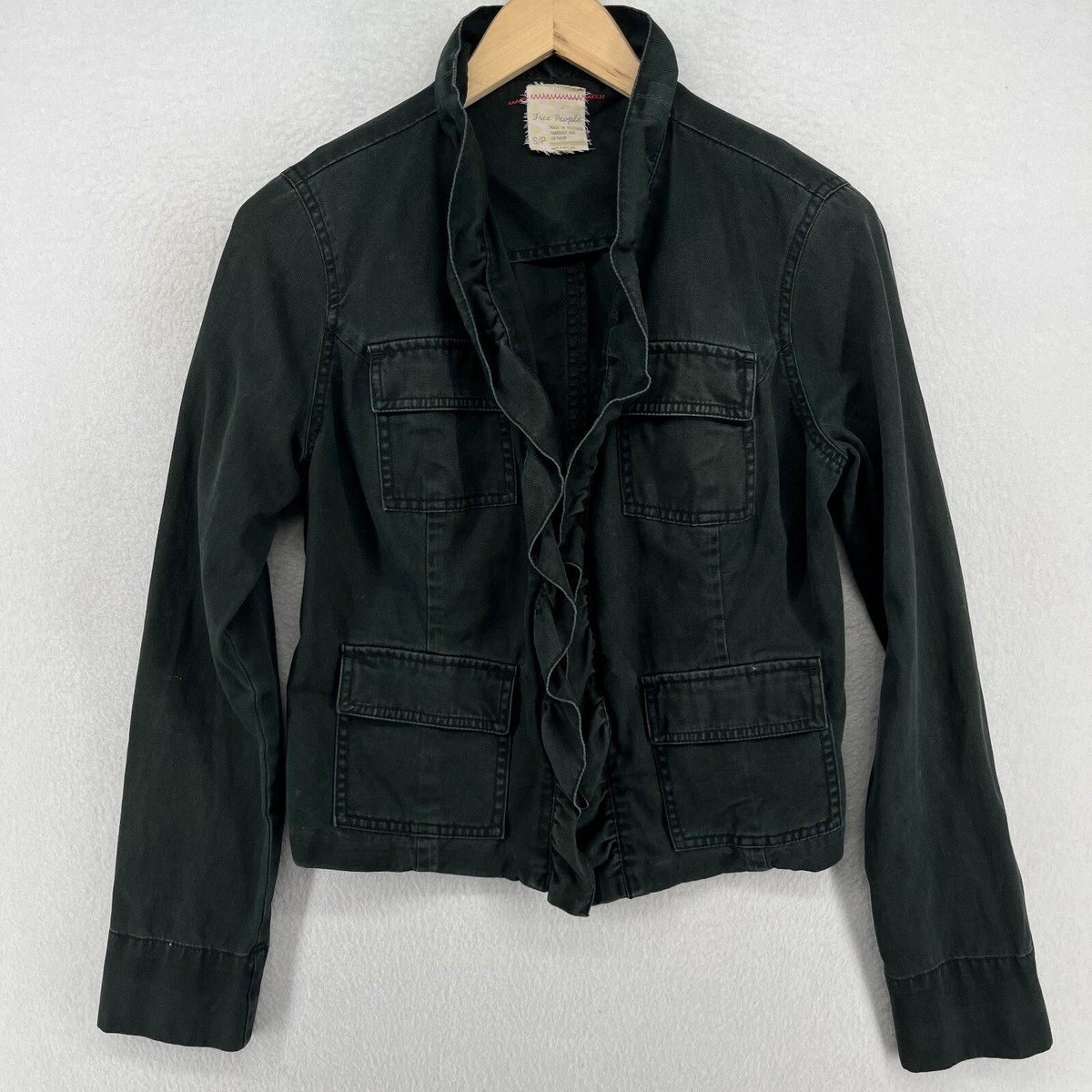 FREE PEOPLE Jacket S Cargo Ruffle Hook Eye Denim Long Sleeve