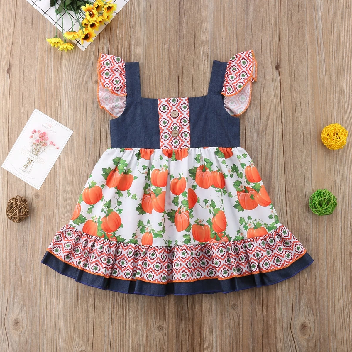 NEW Pumpkin Girls Orange Blue Chambray Ruffle Dress 18 M 2T 3T 4T