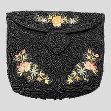 Antique French Black Glass Micro Beaded Floral Bag Foldover Clutch 5 1/2  x 6 3/4