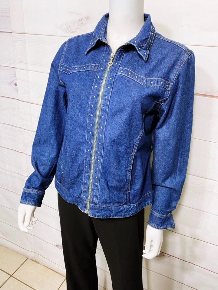 Vintage Cathy Daniels Womens Denim Jacket Sz S Blue Rhinestone Zip Pockets 90's - Image 3 of 4