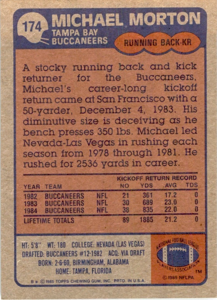 1985 TOPPS MICHAEL MORTON: TAMPA BAY BUCCANEERS #174 - Image 2 of 2